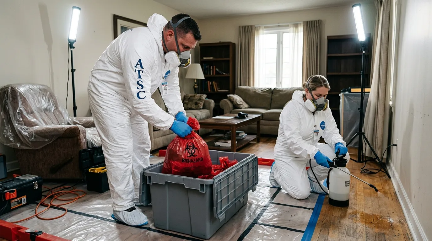 Professional Hazmat Cleanup technician in full PPE working in Surprise